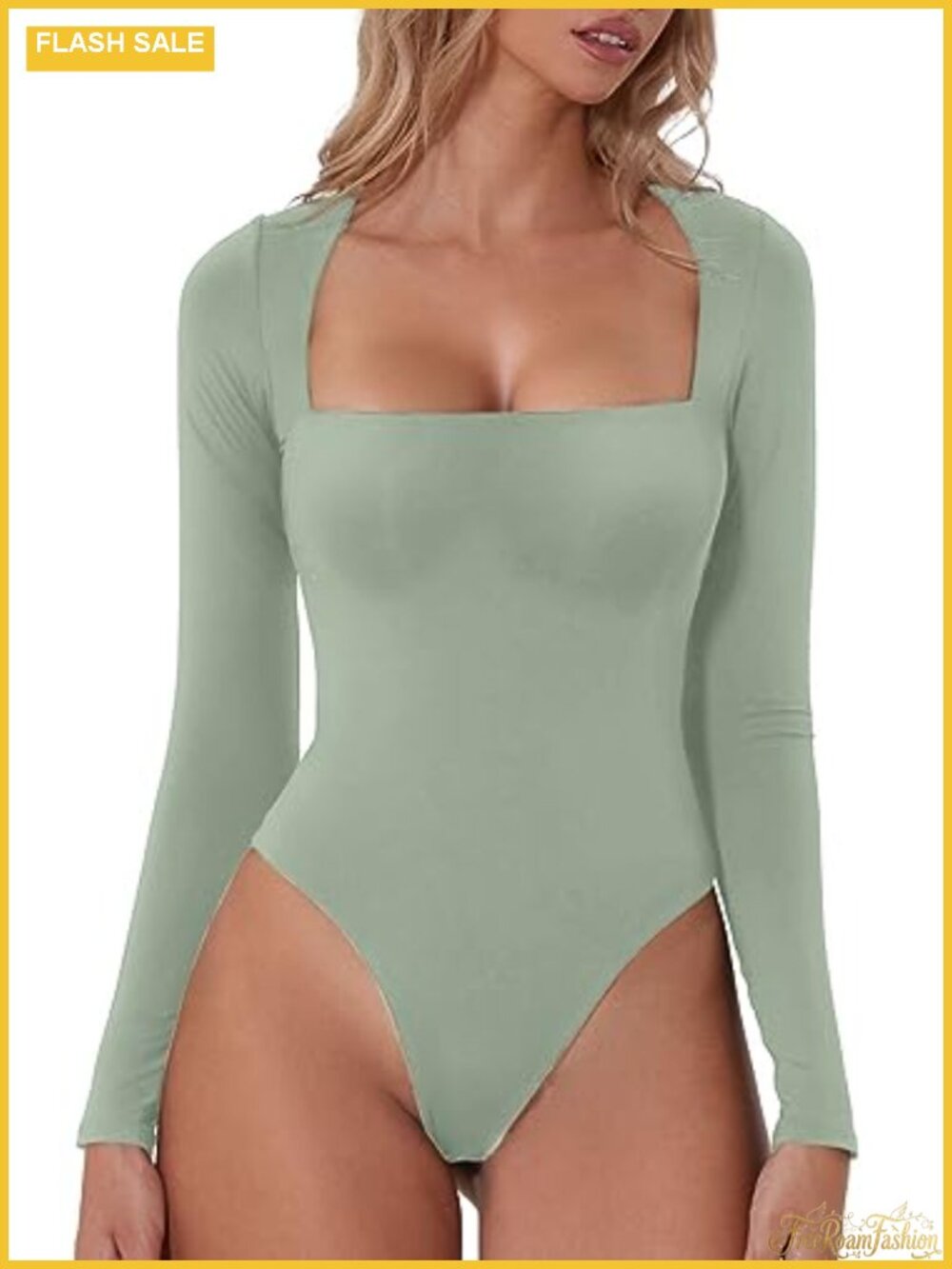 Square Neck Long Sleeve Bodysuit Double Lined Thong Bottom